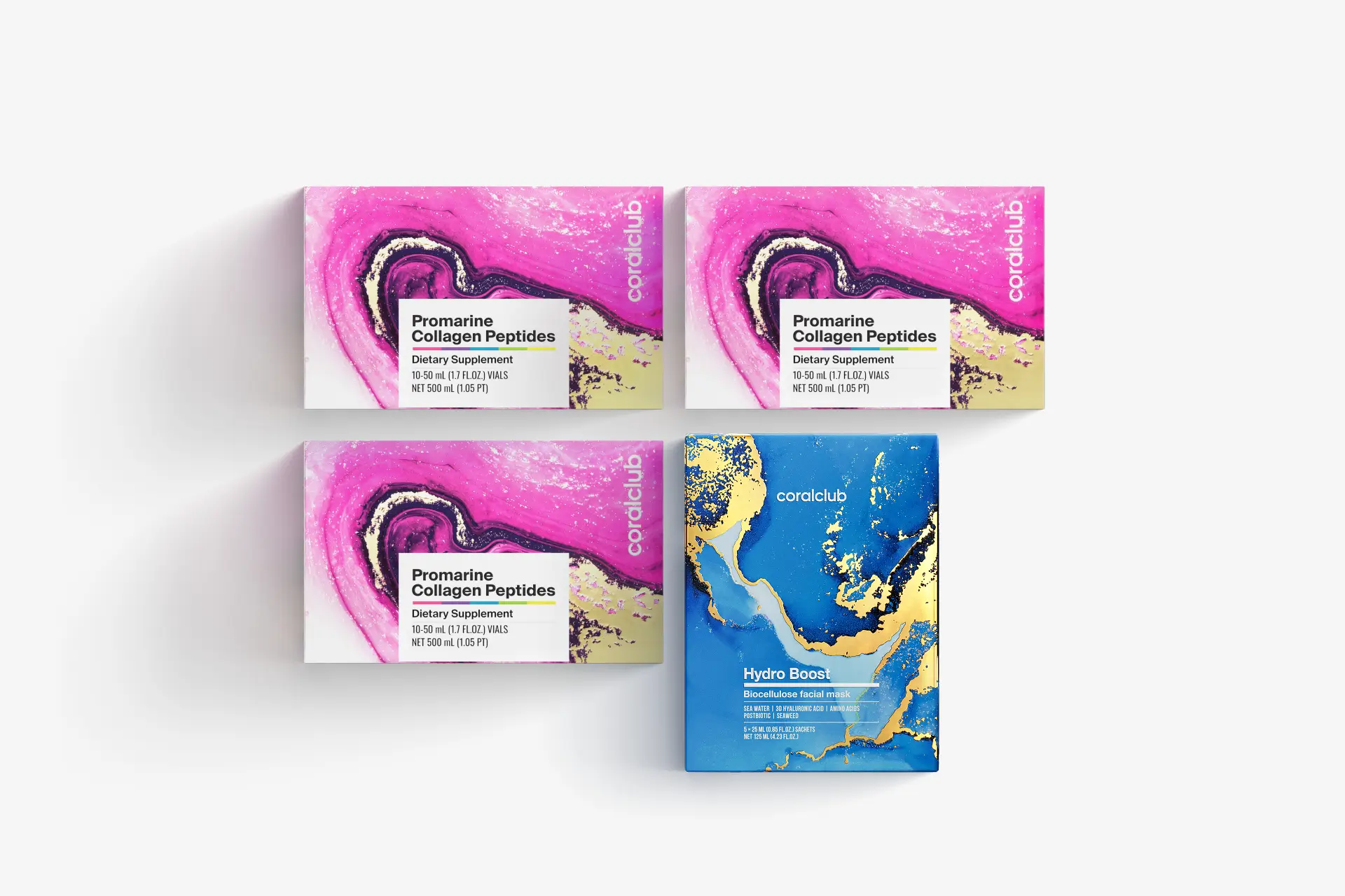 Set Promarine Collagen Peptides (cură de 1 lună) și măști faciale din bioceluloză Hydro Boost (5 bucăți)